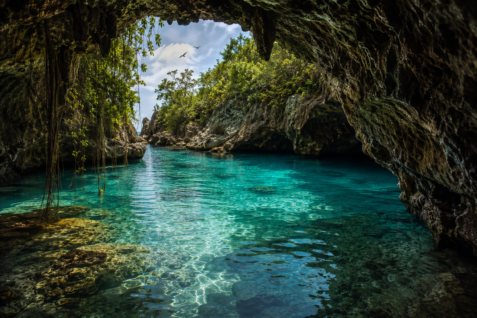 A hidden turquoise cove pool inside dark coastal rock near Beach Outpost