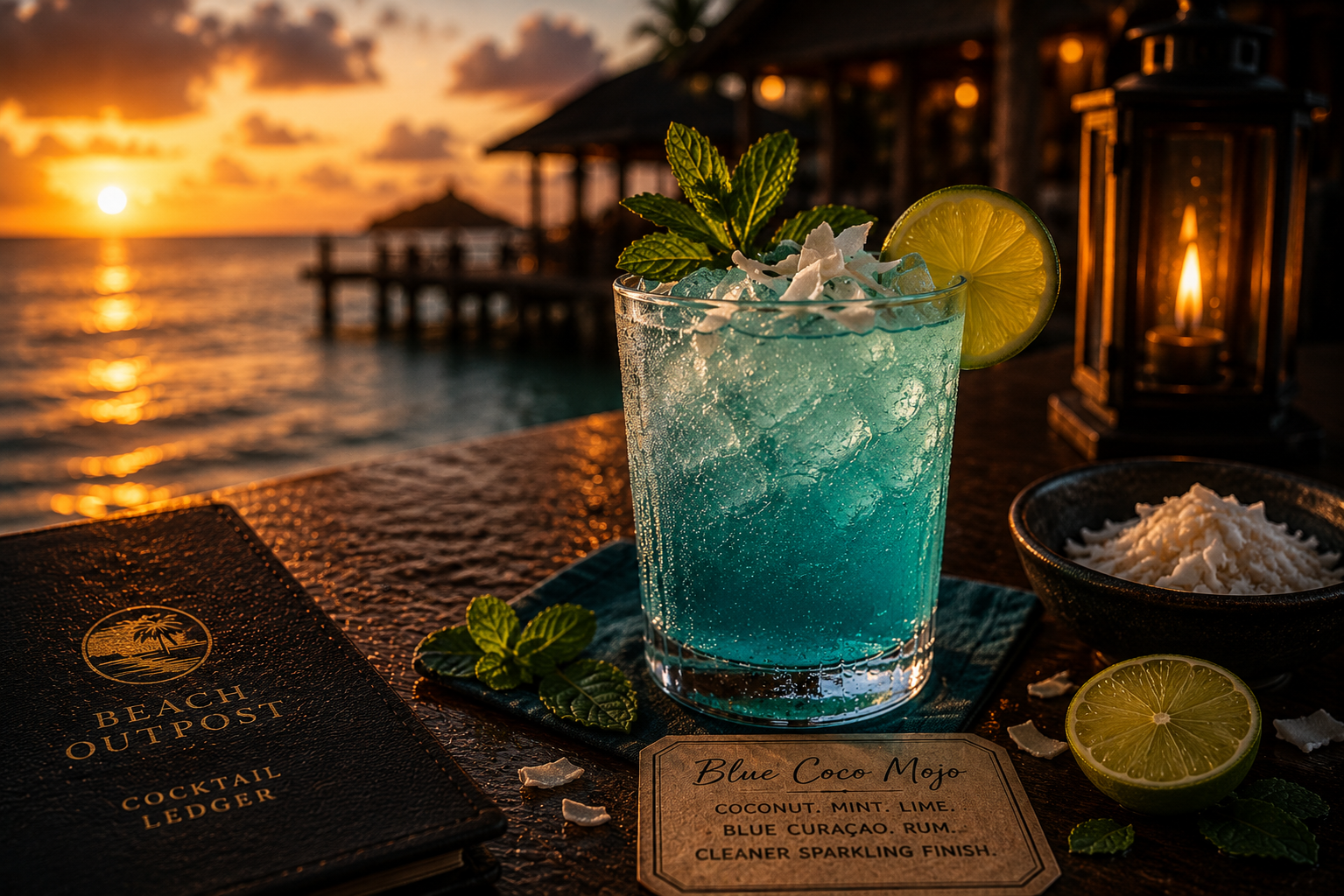 Blue Coco Mojo blue curaçao coconut mojito cocktail with mint, lime, and white rum at Beach Outpost