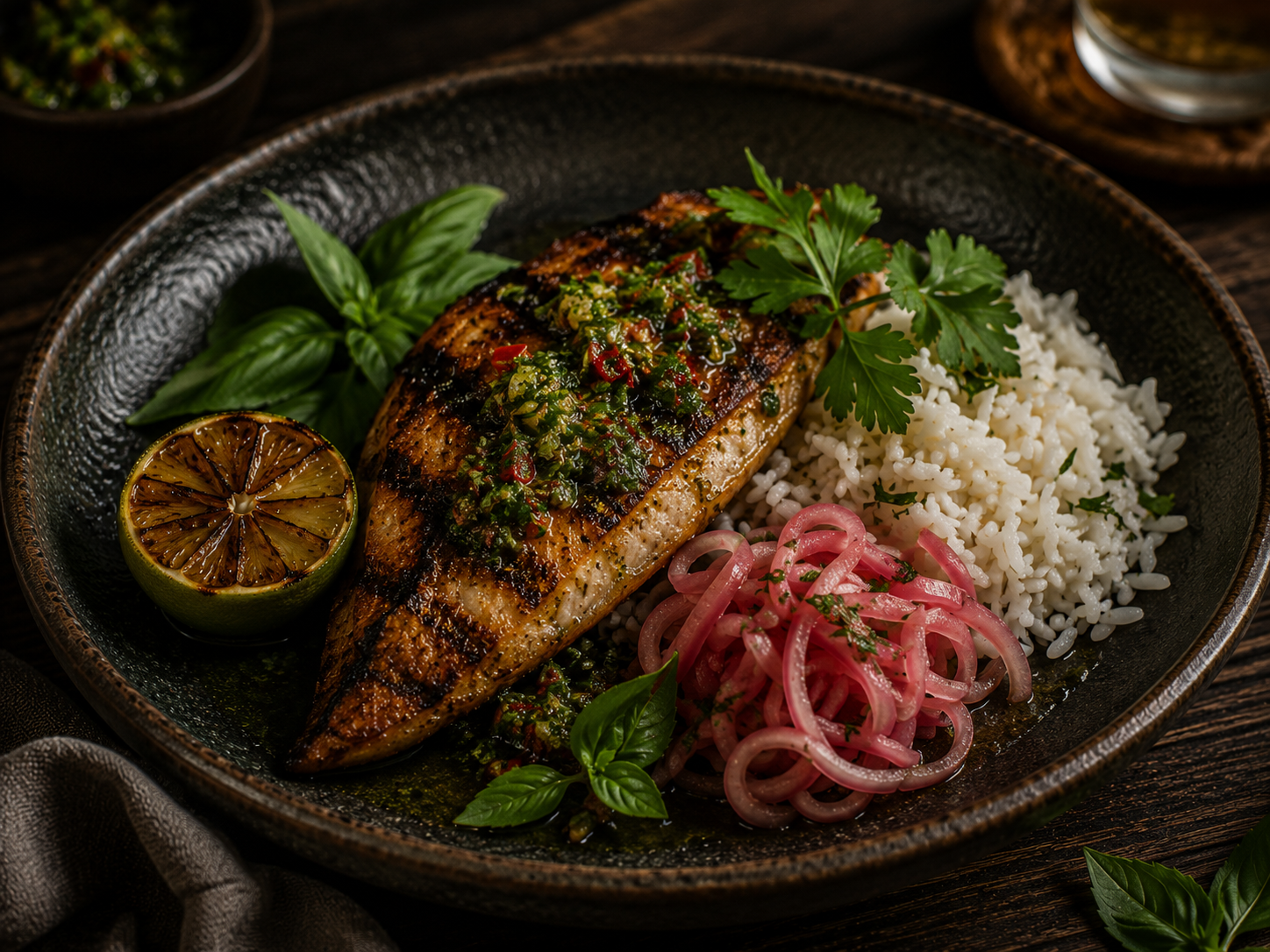 Charred fish with island herbs, grilled citrus, coconut rice, and pickled onion