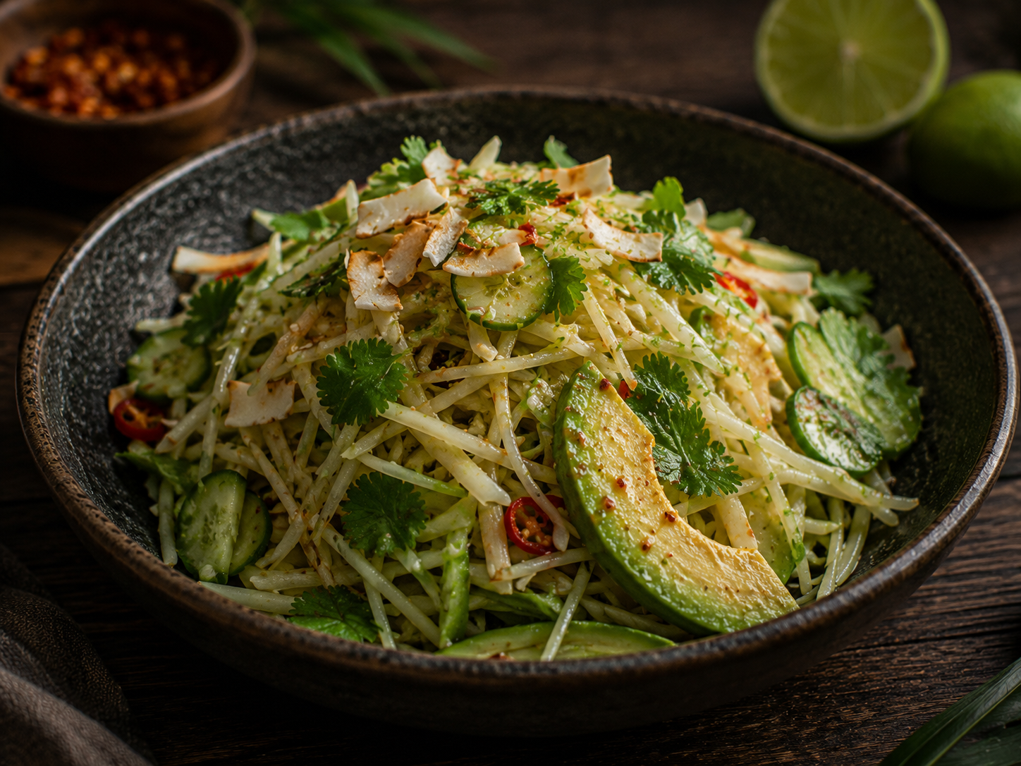 Green papaya and avocado plate with cucumber, herbs, toasted coconut, lime, and chili oil